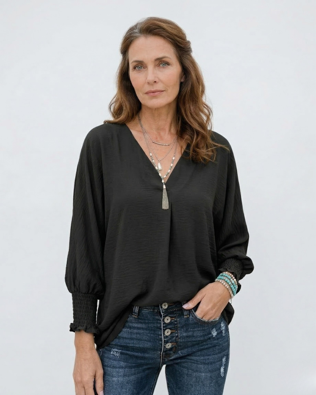 Smocked Cuff Crinkle Blouse