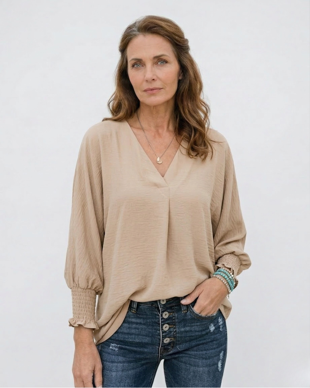 Smocked Cuff Crinkle Blouse