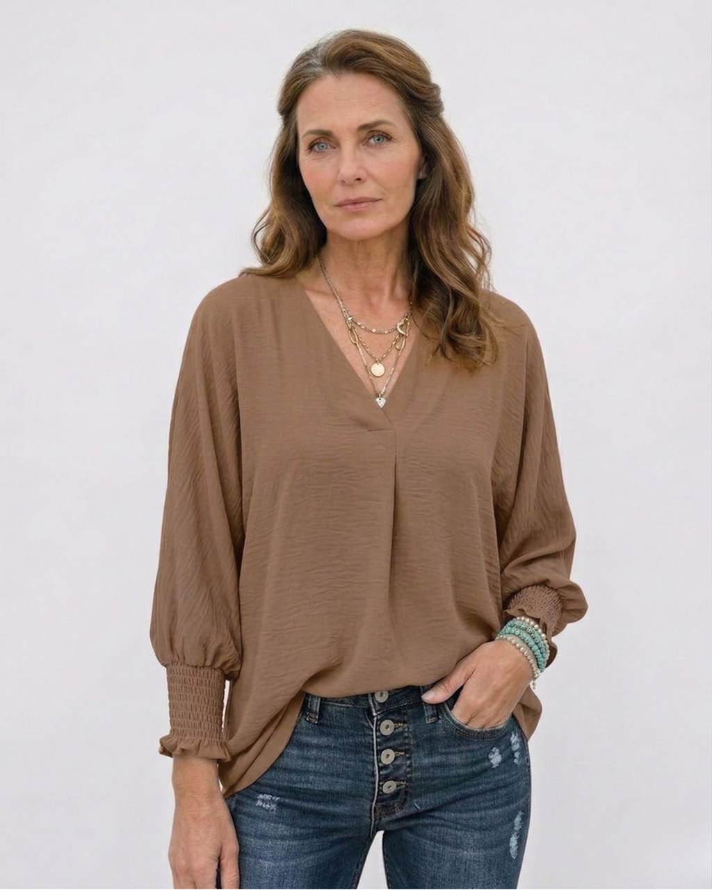 Smocked Cuff Crinkle Blouse