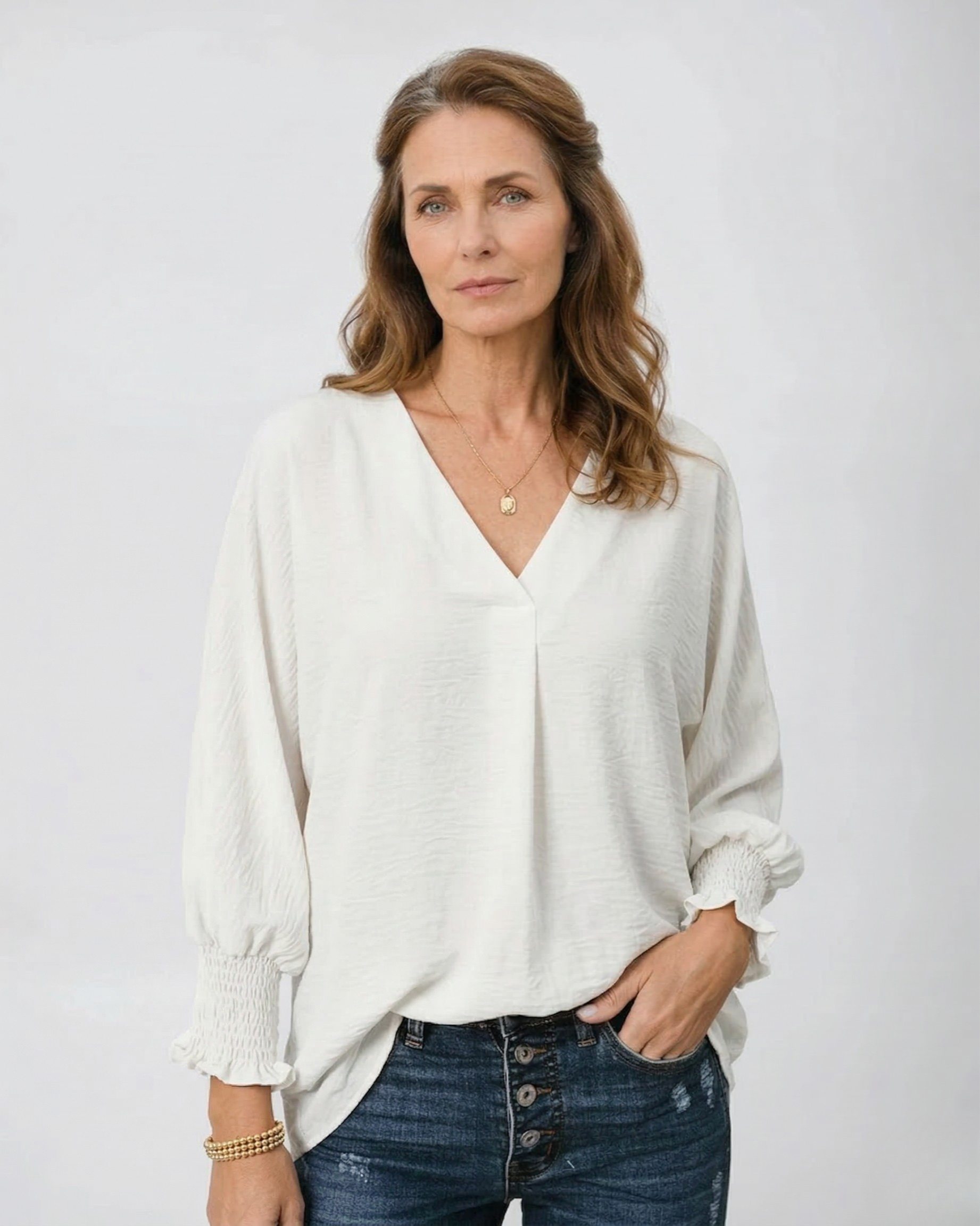 Smocked Cuff Crinkle Blouse